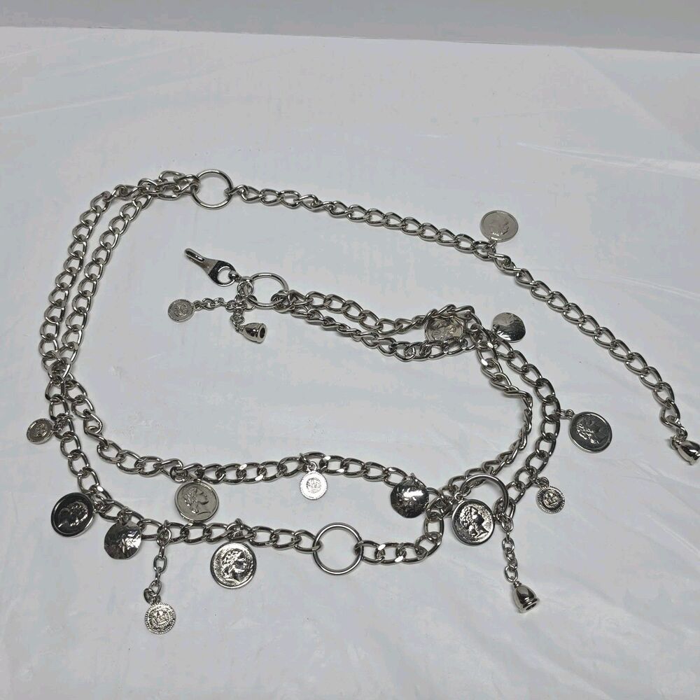 Vintage Women's Faux Coins Chain Waist Hip Belt Silver Tone Metal Boho Chic